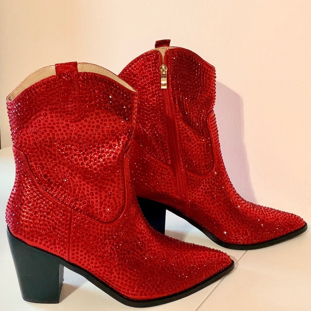 * Berness Sexy Red Rhinestones 3" Block Heel Cowboy Boots